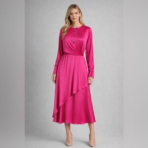 Palmer//Harding Pink Satin Midi Dress – Luxury Draped Long Sleeve Dress US 10